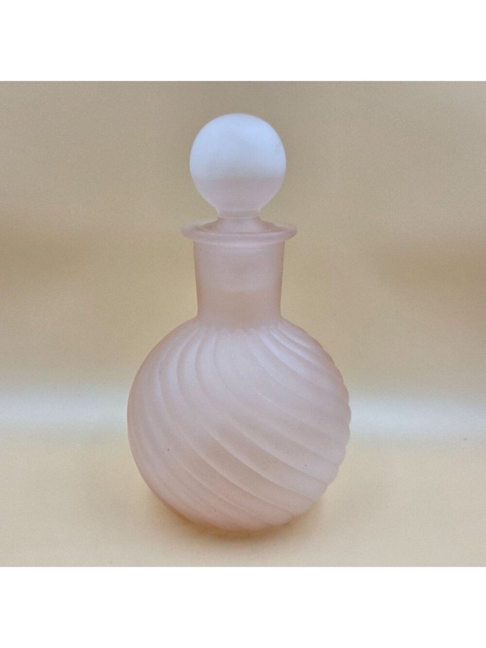 Vintage Frosted Pink Glass Swirl Decanter Perfume Bottle Round Ball Stopper